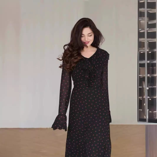 Chiffon Print Maxi V-neck Dress
