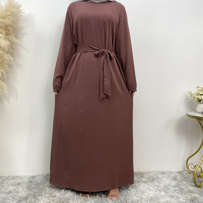 Women's Plain Lace-up Pocket Abaya Dress