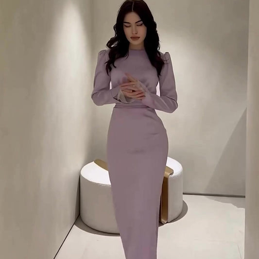 Pleated Waist-cinching Long-sleeved Dress