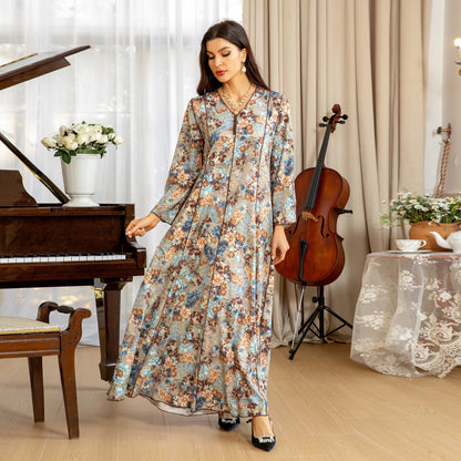 Elegant Floral Muslim Dress - Khaki