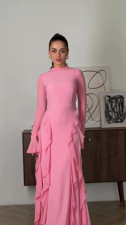 Ruffled Panels Chiffon Half-neck Dress