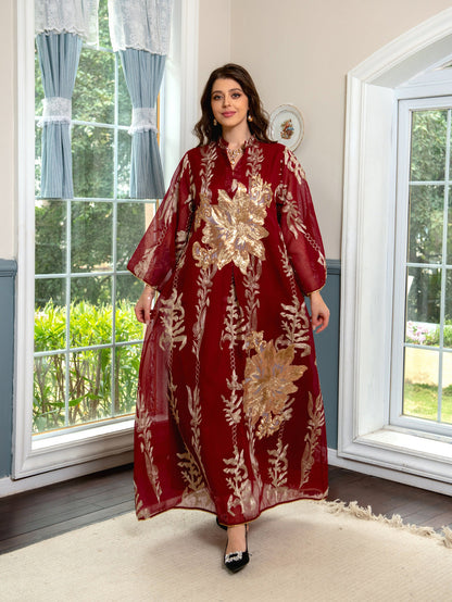 Luxury Gold Emboridered Patchwork Evening Dress - Burgundy