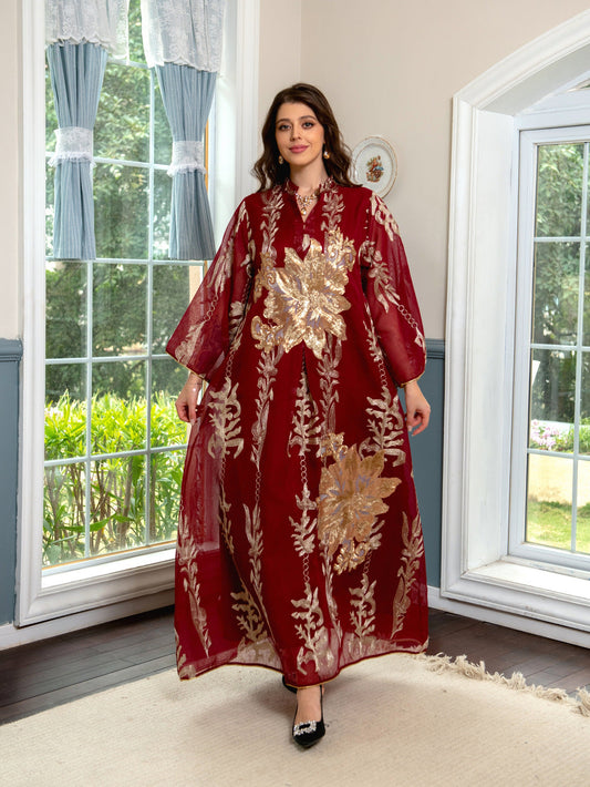 Luxury Gold Emboridered Patchwork Evening Dress - Burgundy