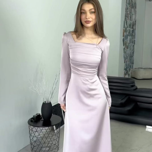 Diamond-encrusted Strappy Long-sleeved Satin Slim Dress