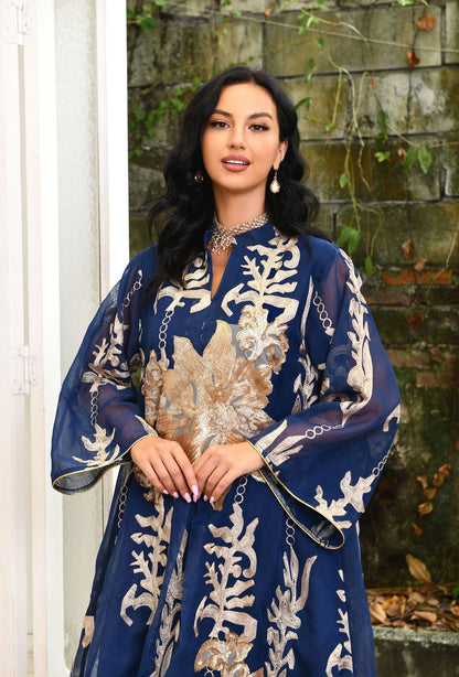 Luxury Gold Emboridered Patchwork Evening Dress - Navy