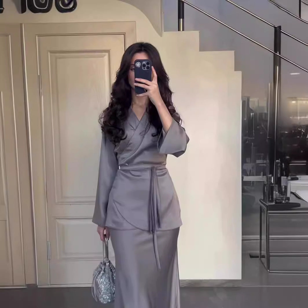 Satin Patchwork Waist Design Maxi Skirt Set