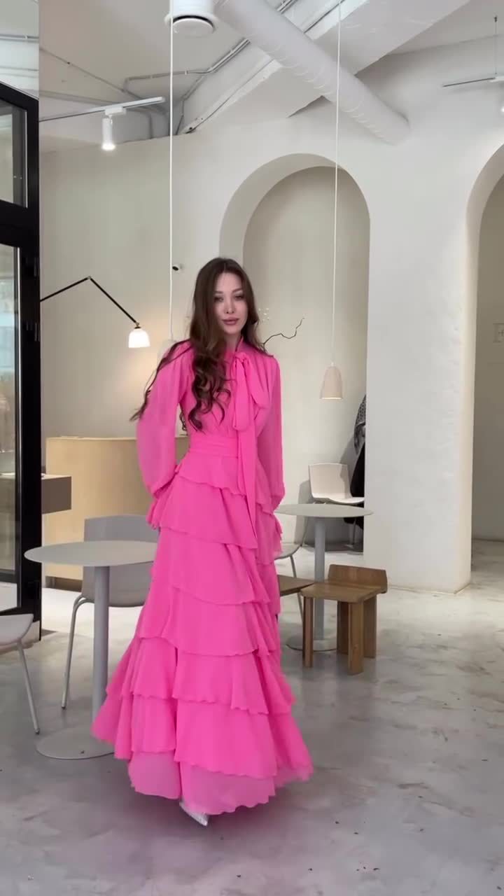 Ruffled Panels Chiffon Half-neck Dress