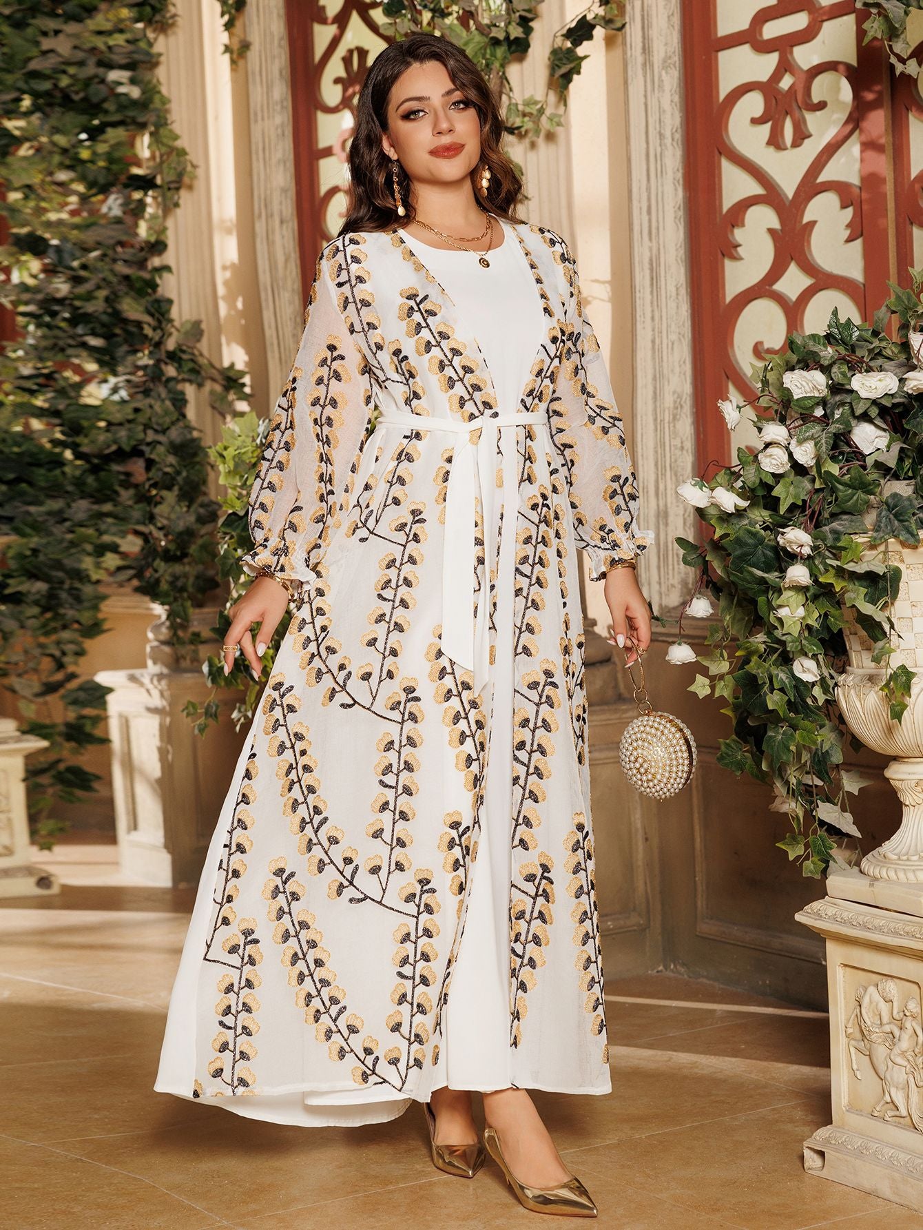 Elegant Long Sleeve Evening Dress - White