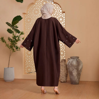 Solid Open Abaya with Moon Emboridery Cuff