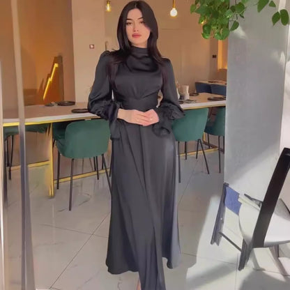 Satin Long-sleeved Waist-cinching Dress