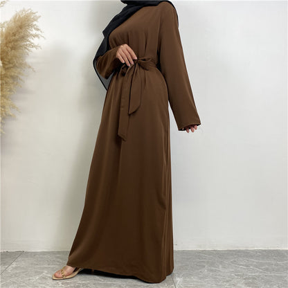 Women's Plain Lace-up Pocket Abaya Dress