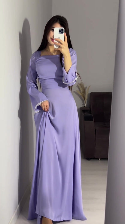 Diamond-encrusted Long-sleeved Satin Slim Dress