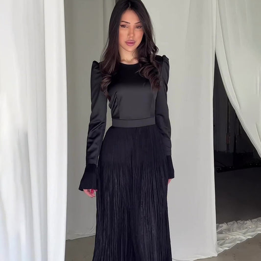 Pressed Waist-cinching Long-sleeved Oversized Dress