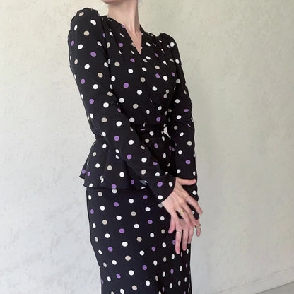Polka Dot V-neck Hip Skirt Tie Waist Dress