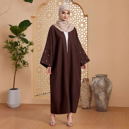 Solid Open Abaya with Moon Emboridery Cuff