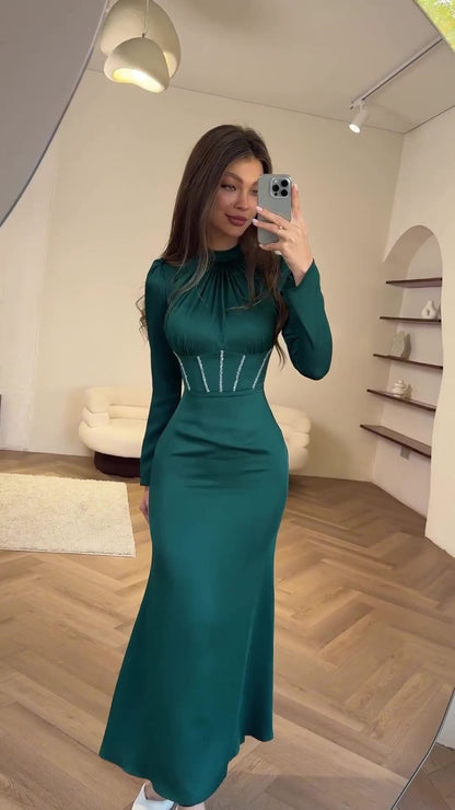 Slim Long-sleeved Pleated Tie Irregular Dress