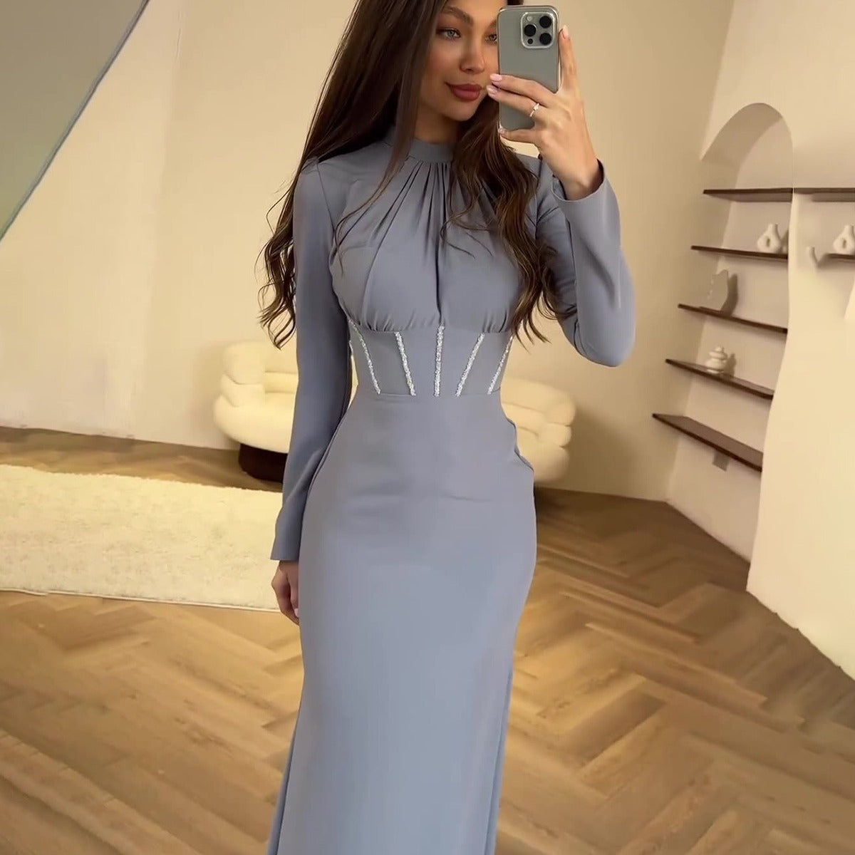 Slim Long-sleeved Pleated Tie Irregular Dress