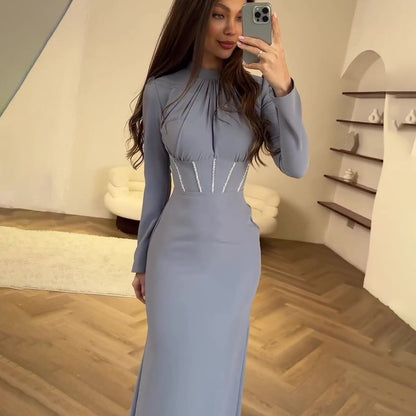 Slim Long-sleeved Pleated Tie Irregular Dress