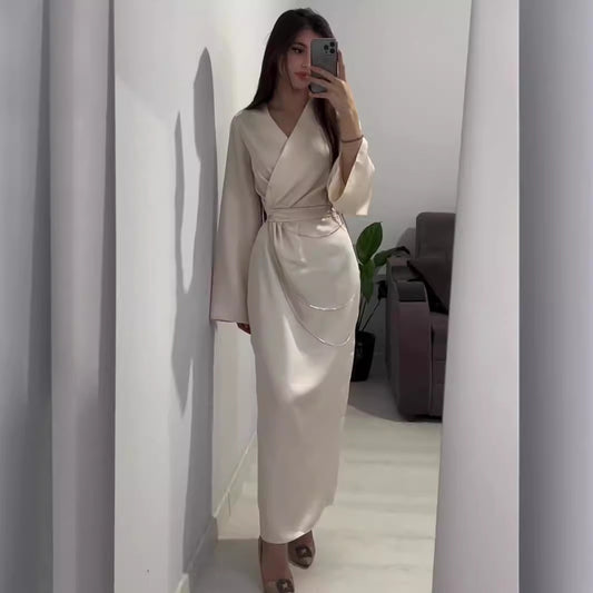 Long Waist-cinched Chain Satin Dress