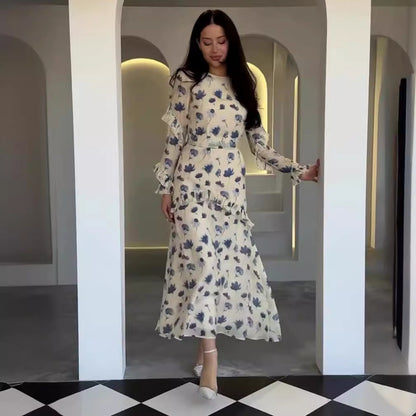 Women's Round Neck Long Sleeved Ruffle Dress