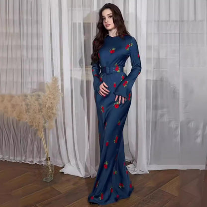 Crewneck Ice Silk Breathable Print Maxi Skirt