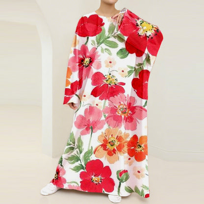 Floral nursing kaftan maxi dress with red and pink flowers on a white background