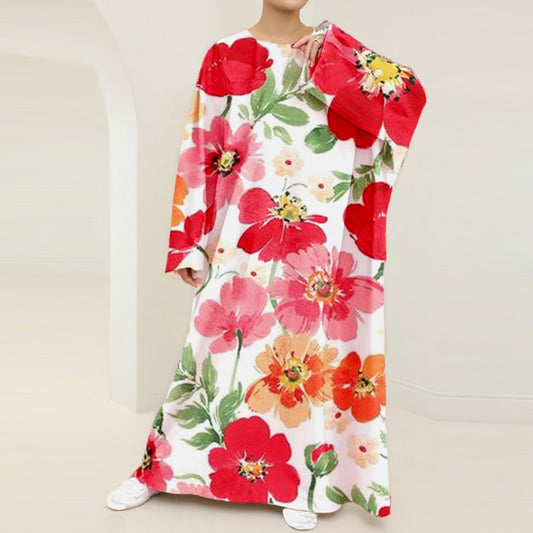 Floral nursing kaftan maxi dress with red and pink flowers on a white background