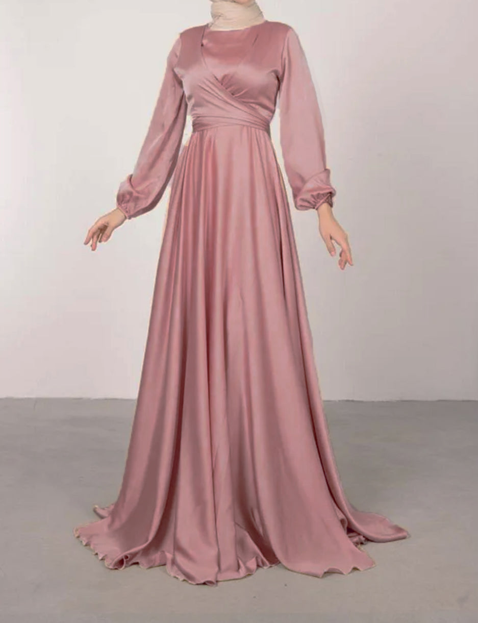 Satin Abaya Crossed Belted Evening Dress - Pink