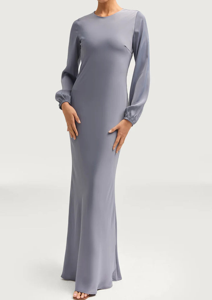 Sophia Heavy Satin Maxi Abaya Dress - Misty Blue