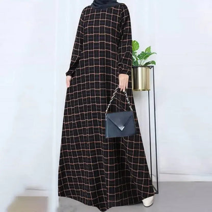 Women's Plaid Crewneck Modest Dress - Black