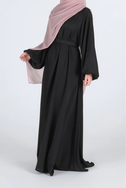 Zeenat Solid Satin Abaya Dress - Night Black