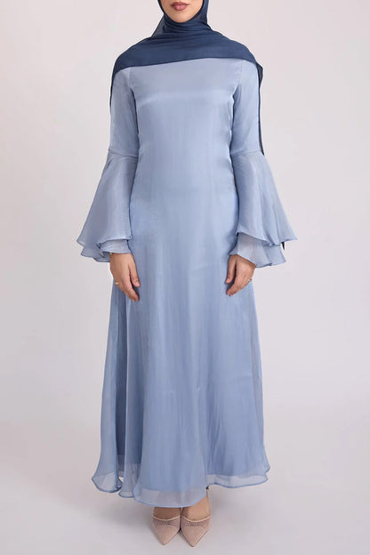 Elegant Solid Color Satin Wide Ruffled Sleeve Abaya Maxi Dress for Women