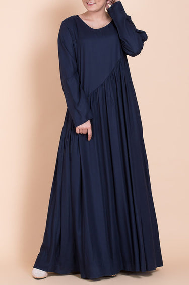 Navy Blue Asymmetric Smocked Round-neck Dress