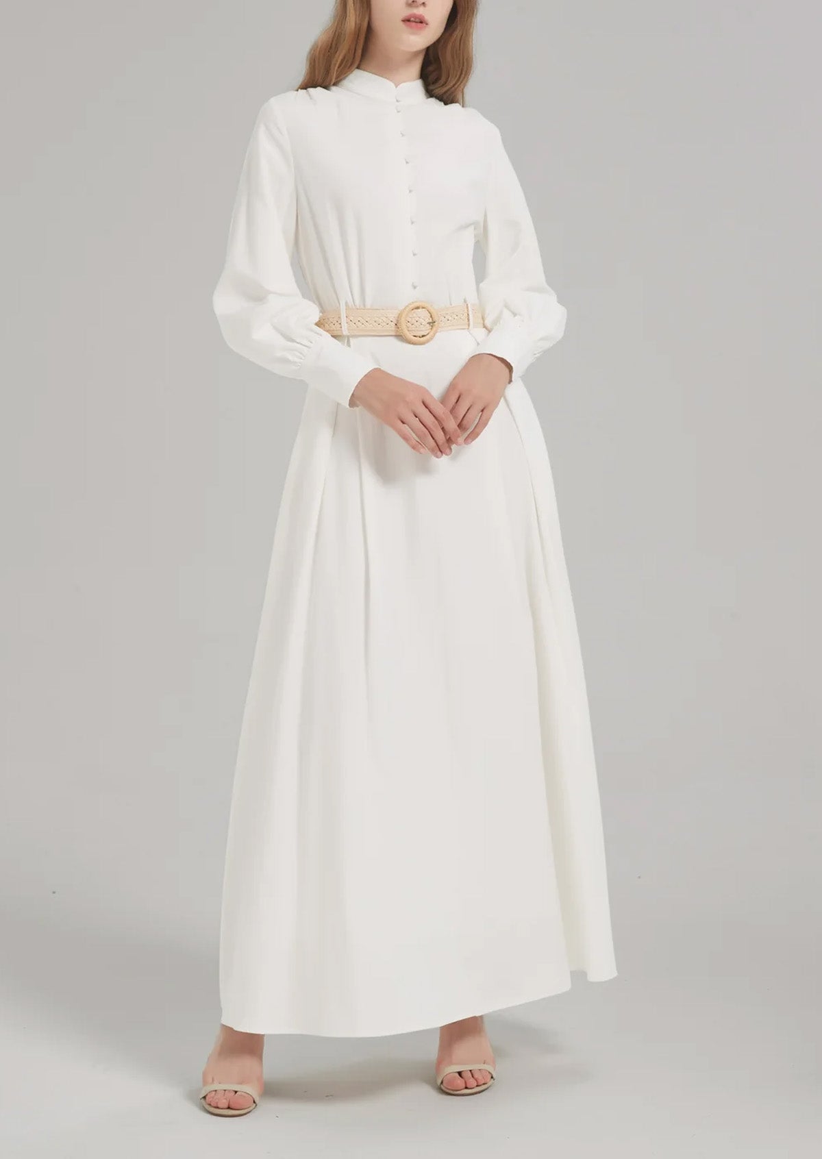 Stand Collar Front Half-Open Placket with Belt Abaya Maxi Dress