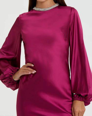 High-End Fuchsia Solid Color Neckline with Sparkling Bead Detail Women's Abaya Maxi Dress