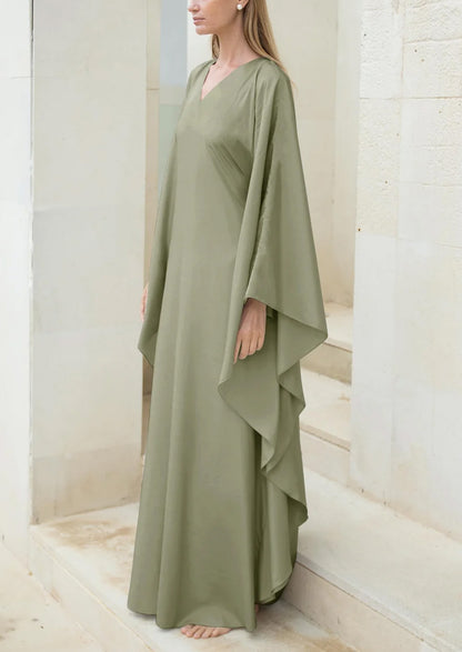 Elegant Casual Solid Color Small V-Neck Design Women's Abaya Dress-Green