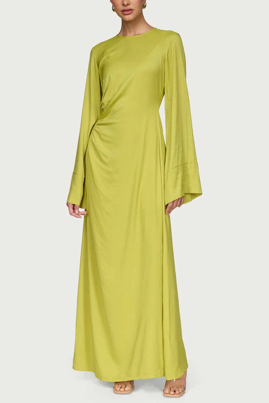 Asymmetric Pleated Floor-length Dress- Pear
