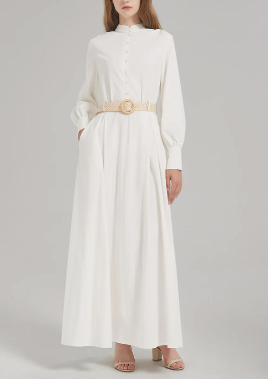 Stand Collar Front Half-Open Placket with Belt Abaya Maxi Dress