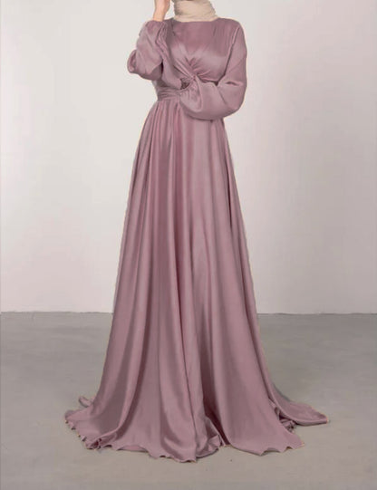 Satin Abaya Crossed Belted Evening Dress - Purple