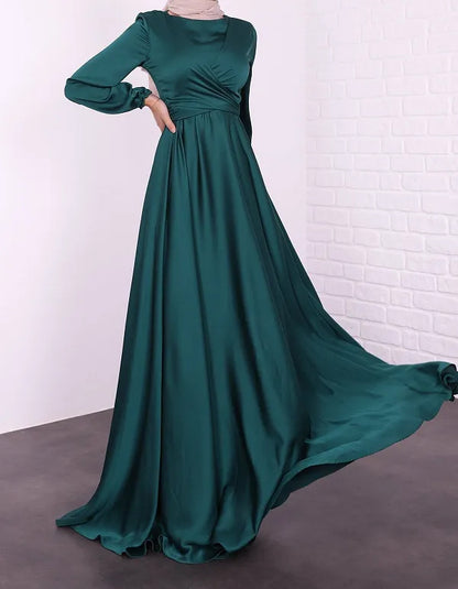 Satin Abaya Crossed Belted Evening Dress - Moss Green