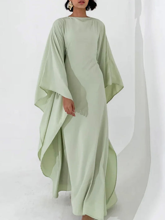 Elegant Satin-Textured High-Shine Abaya Maxi Dress for Women-Green