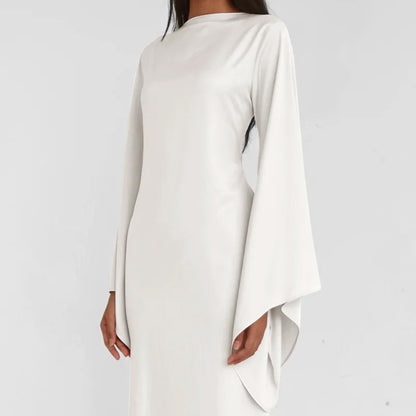 Solid Color Off-the-Shoulder Asymmetric Statement Sleeve Elegant Abaya Maxi Dress for Women-White