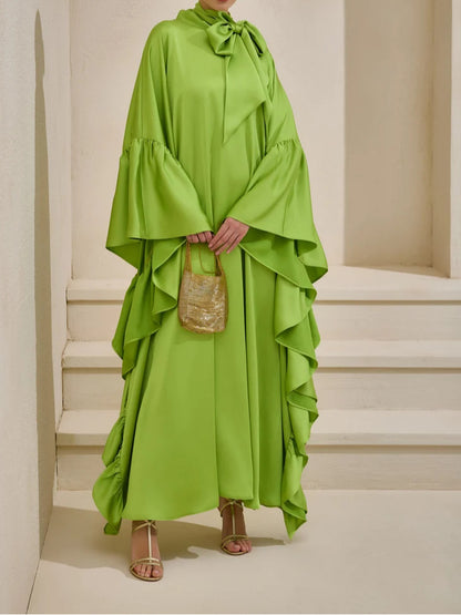Tie Bow Big Ruffles Satin Kaftan - Green Grass