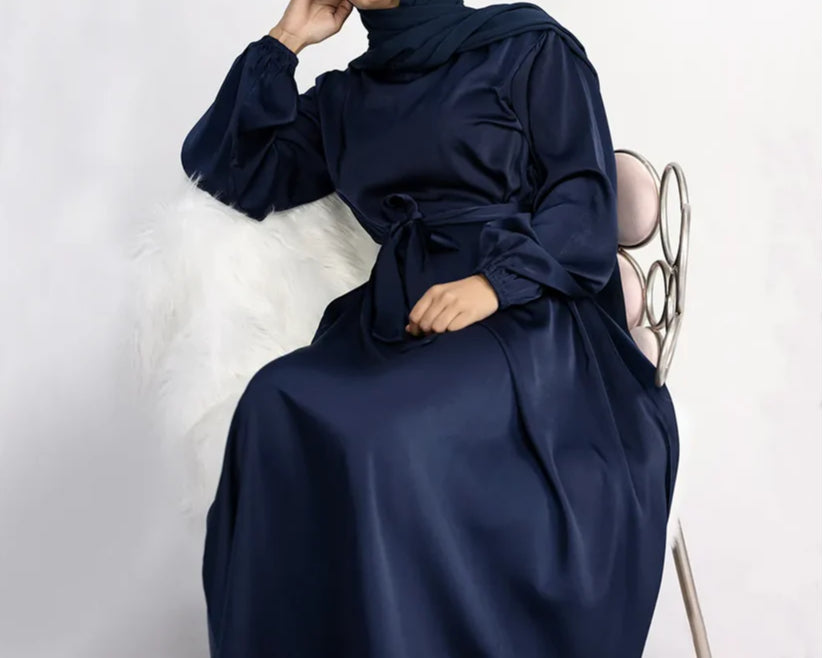 Zeenat Solid Satin Abaya Dress - Deep Navy