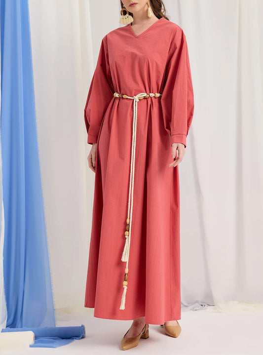 Modest Muslim Casual Waist-Tie Maxi Abaya Dress-Red