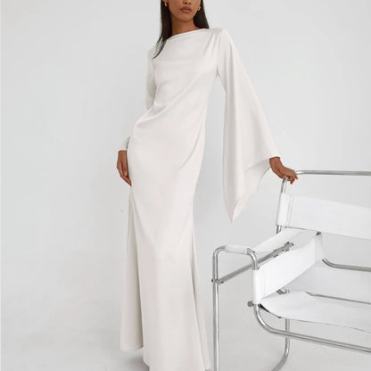 Solid Color Off-the-Shoulder Asymmetric Statement Sleeve Elegant Abaya Maxi Dress for Women-White