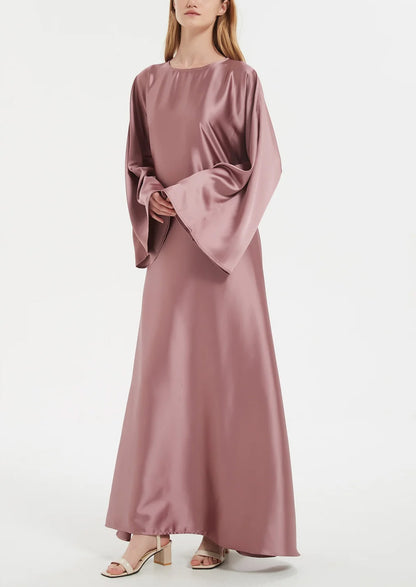 Solid Color Slightly Flared Sleeve Satin Elegant Abaya Maxi Dress for Women