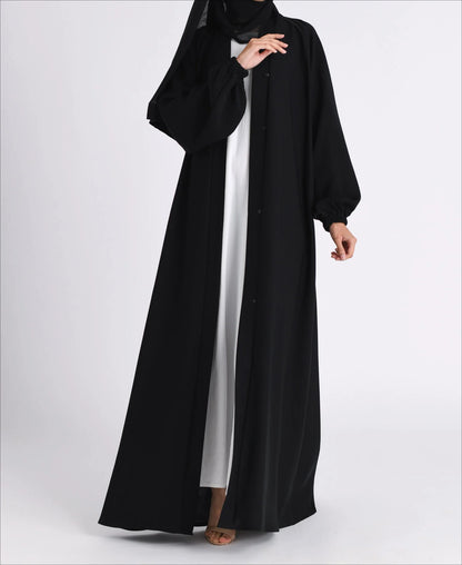 Classic Solid Open Abaya with Shrinking Cuffs - Black