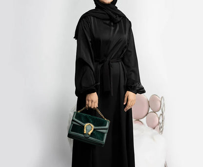 Zeenat Solid Satin Abaya Dress - Night Black