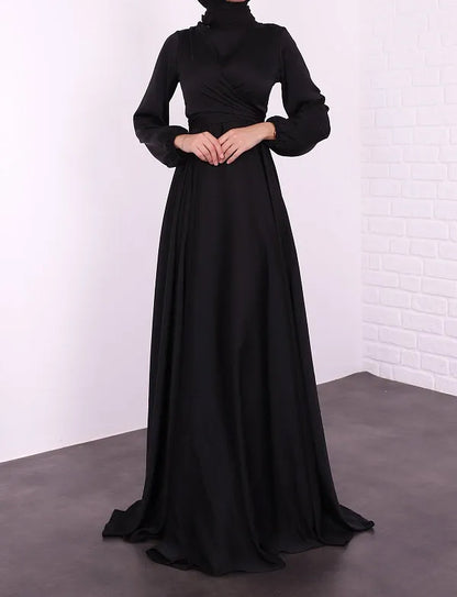 Satin Abaya Crossed Belted Evening Dress - Black